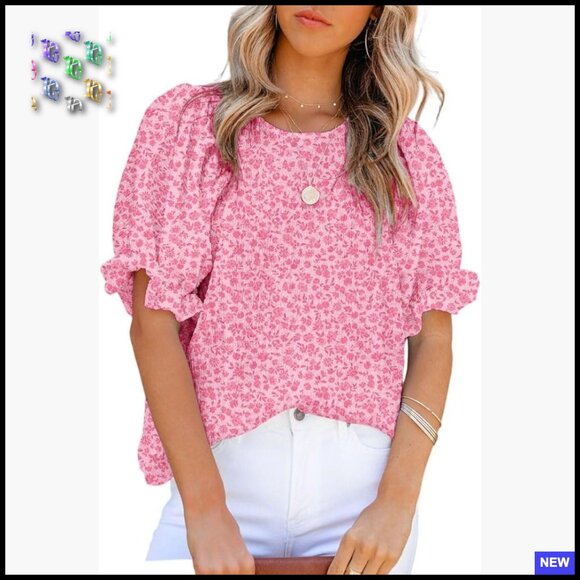 Tops - Floral Print Babydoll Blouse Smocked Puff Sleeve Crewneck Tunic Top Chic Casual